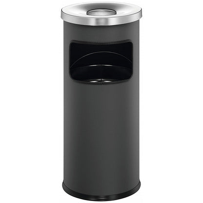 Durable Round Metal Waste Bin with Fire Extinguishing Ashtray, 17 Litre Bin/2 Litre Ashtray, Grey