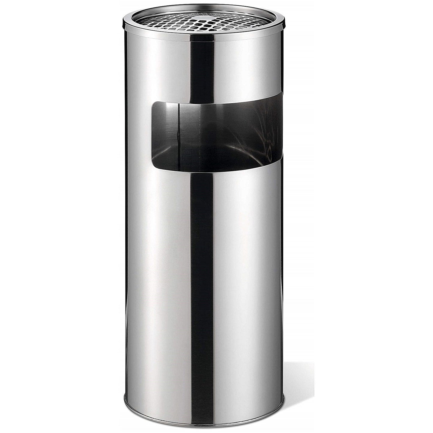 Durable Round Metal Waste Bin with Sand Ashtray, 17 Litre Bin/2 Litre Ashtray, Silver