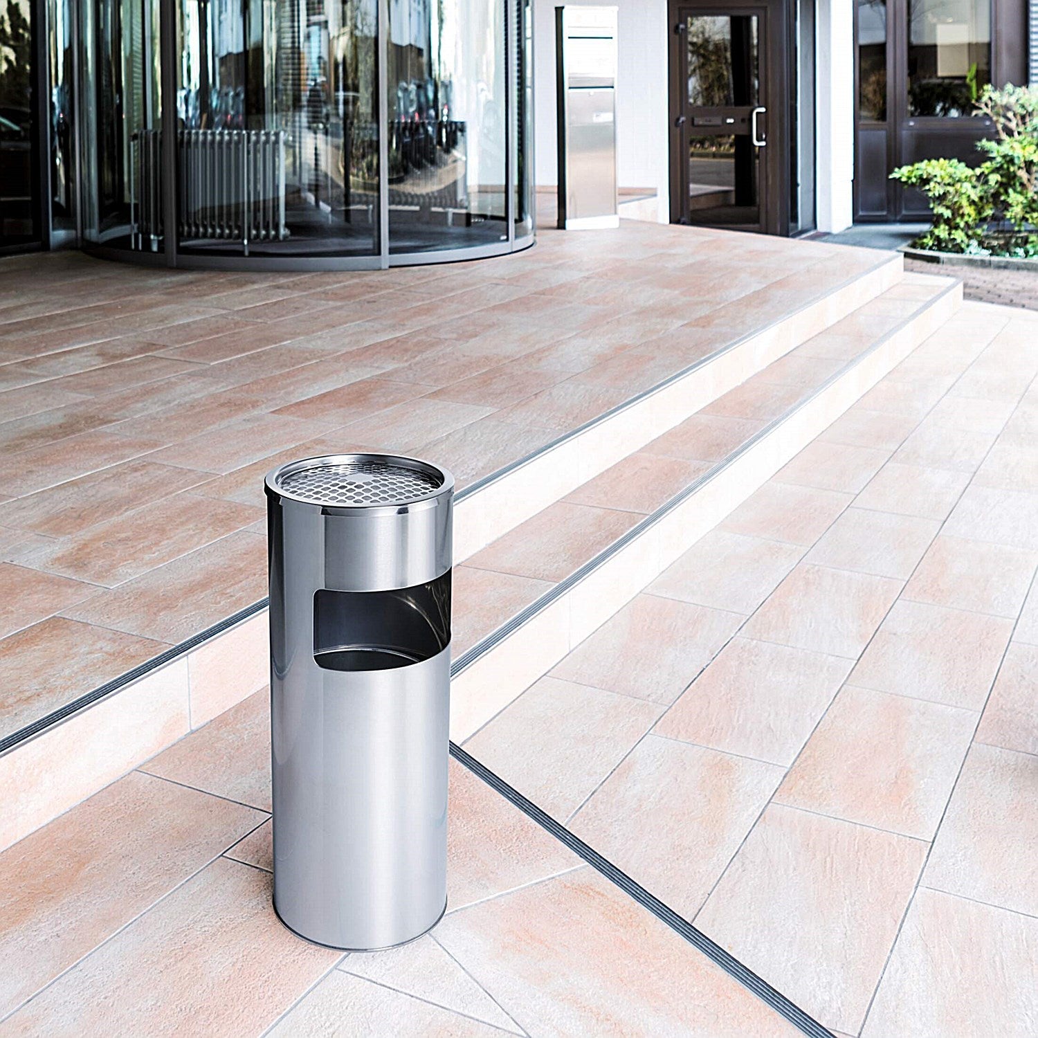 Durable Round Metal Waste Bin with Sand Ashtray, 17 Litre Bin/2 Litre Ashtray, Silver Easy2Order : 337323