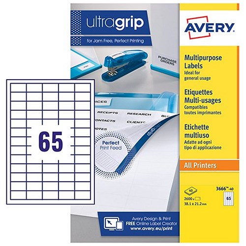 Avery Multipurpose Label 38x21.2mm 65 Per A4 Sheet White (Pack 2600 Labels) 3666-40 Easy2Order : 3666-40