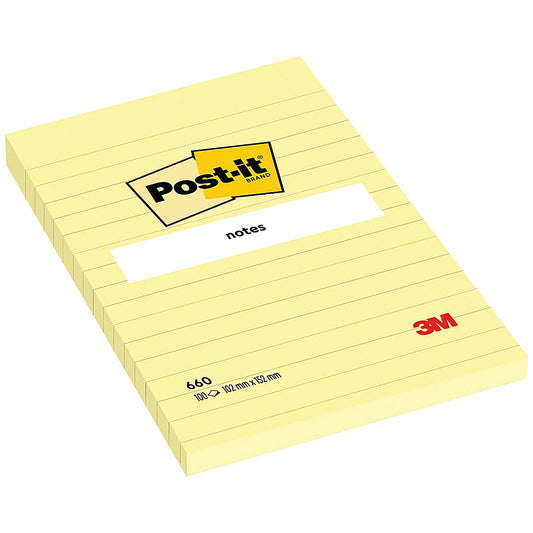 Post-it Notes Feint Ruled, 102 x 152mm, Yellow, Pack of 6 x 100 Notes