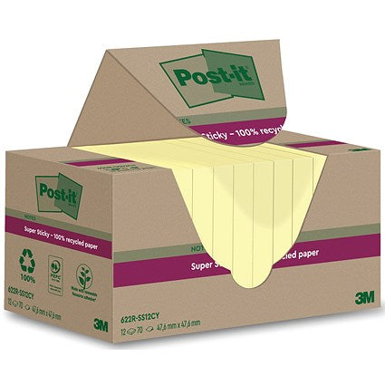 Post-it Super Sticky Recycled Notes, 47.6 x 47.6mm, Yellow, Pack of 12 x 70 Notes