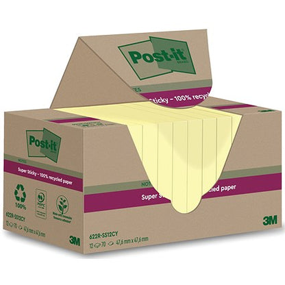 Post-it Super Sticky Recycled Notes, 47.6 x 47.6mm, Yellow, Pack of 12 x 70 Notes