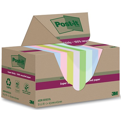 Post-it Super Sticky Recycled Notes, 47.6 x 47.6, Assorted, Pack of 12 x 70 Notes