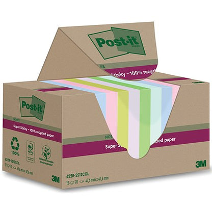 Post-it Super Sticky Recycled Notes, 47.6 x 47.6, Assorted, Pack of 12 x 70 Notes
