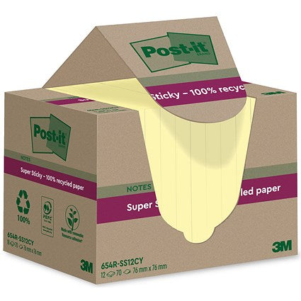 Post-it Super Sticky Recycled Notes, 76 x 76mm, Yellow, Pack of 12 x 70 Notes