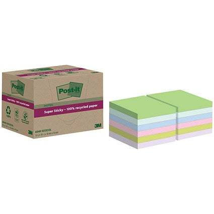 Post-it Super Sticky Recycled Notes, 76 x 76mm, Assorted, Pack of 12 x 70 Notes