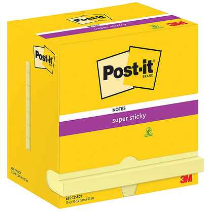 Post-it Super Sticky Notes Display Pack, 76 x 127mm, Yellow, Pack of 12 x 90 Notes