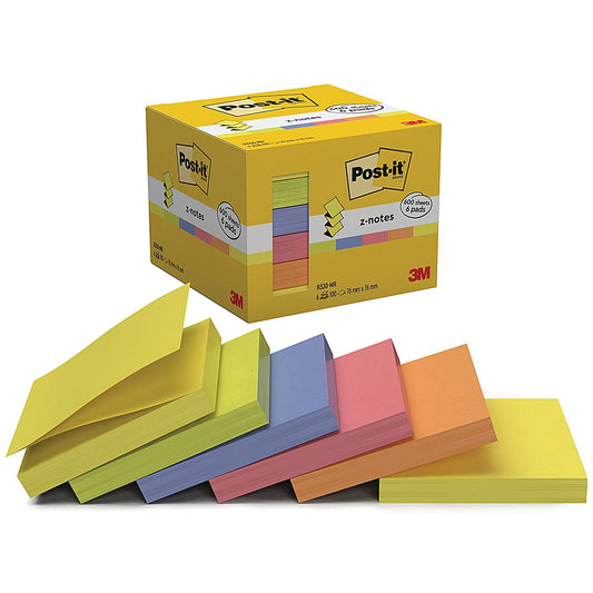 Post-it Z-Notes Display Pack 76 x 76mm, Assorted Neon, Pack of 6 x 100