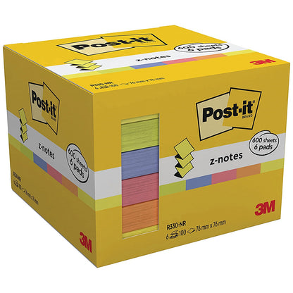 Post-it Z-Notes Display Pack 76 x 76mm, Assorted Neon, Pack of 6 x 100 Easy2Order : 3M08369