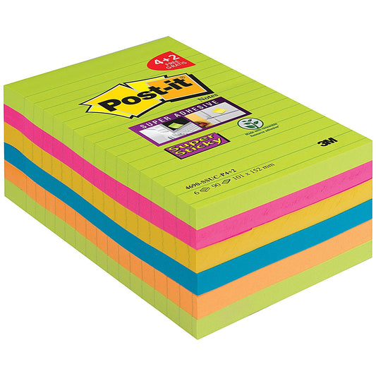 Post-it Super Sticky Notes, 101x152mm, Bright Rainbow, Pack 6 x 90 Notes Easy2Order : 3M14942