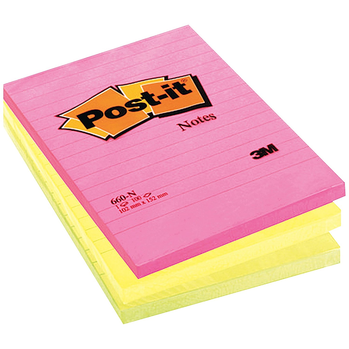 Post-it Notes Feint Ruled, 102 x 152mm, Rainbow Colours, Pack of 6 x 100 Notes