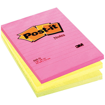 Post-it Notes Feint Ruled, 102 x 152mm, Rainbow Colours, Pack of 6 x 100 Notes