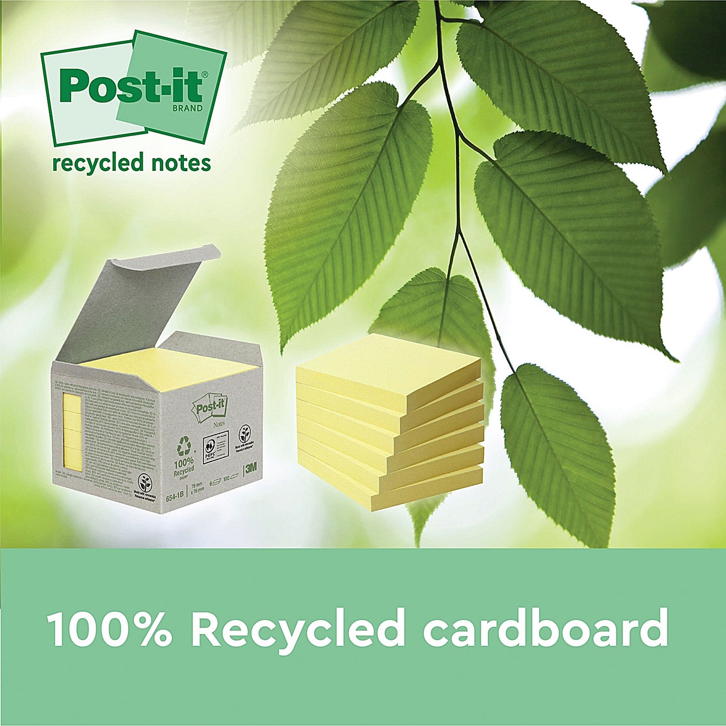 Post-it Recycled Z-Notes, 76 x 76mm, Yellow, Pack of 6 x 100 Z-Notes
