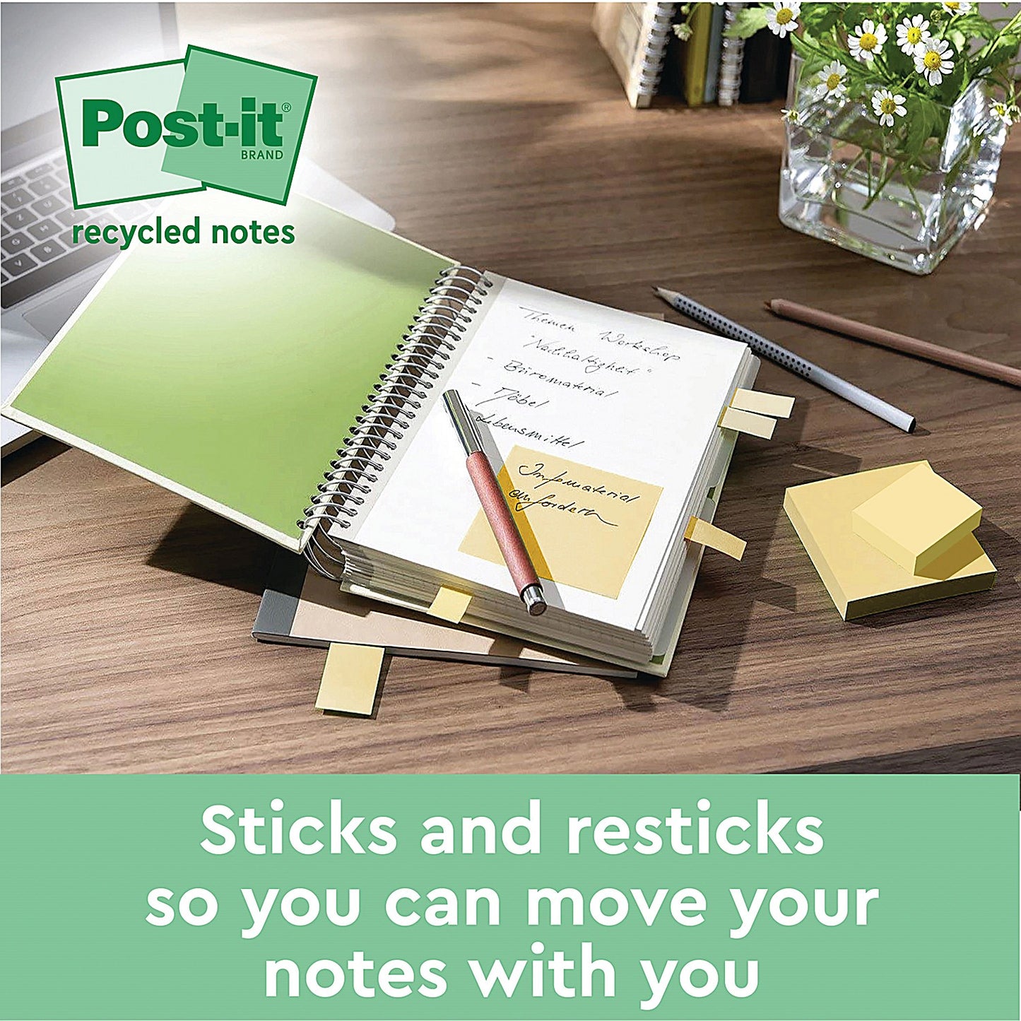 Post-it Recycled Z-Notes, 76 x 76mm, Yellow, Pack of 6 x 100 Z-Notes