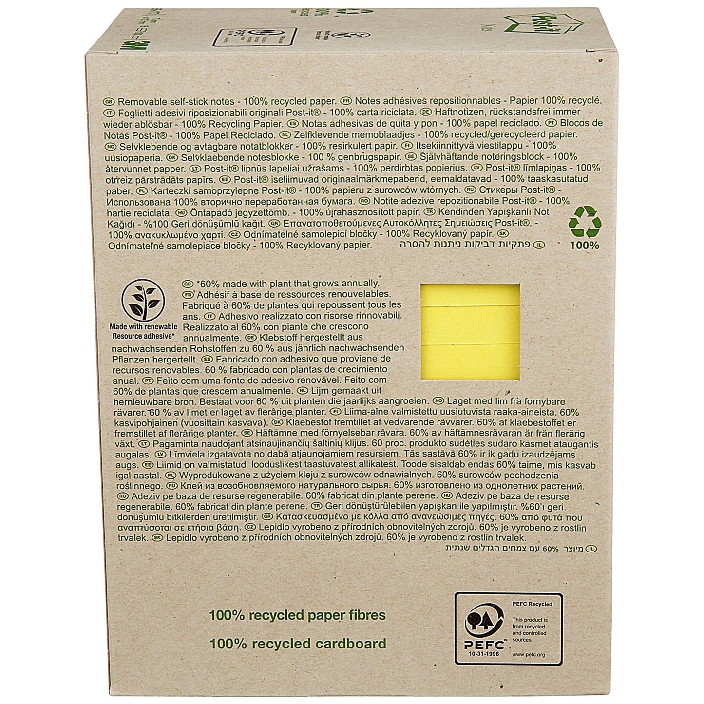 Post-it Recycled Notes, 76x127mm, 100 Sheets, Canary Yellow, Pack of 16