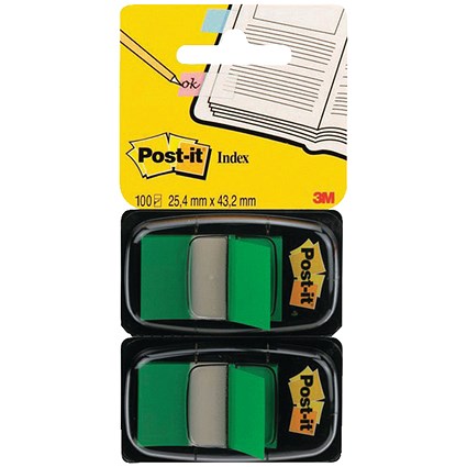 Post-it Index Tabs Dispenser with Green Tabs, 25 x 43mm, Pack of 2(100 Flags in total)