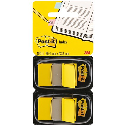 Post-it Index Tabs Dispenser with Yellow Tabs, 25 x 43mm, Pack of 2(100 Flags in total)