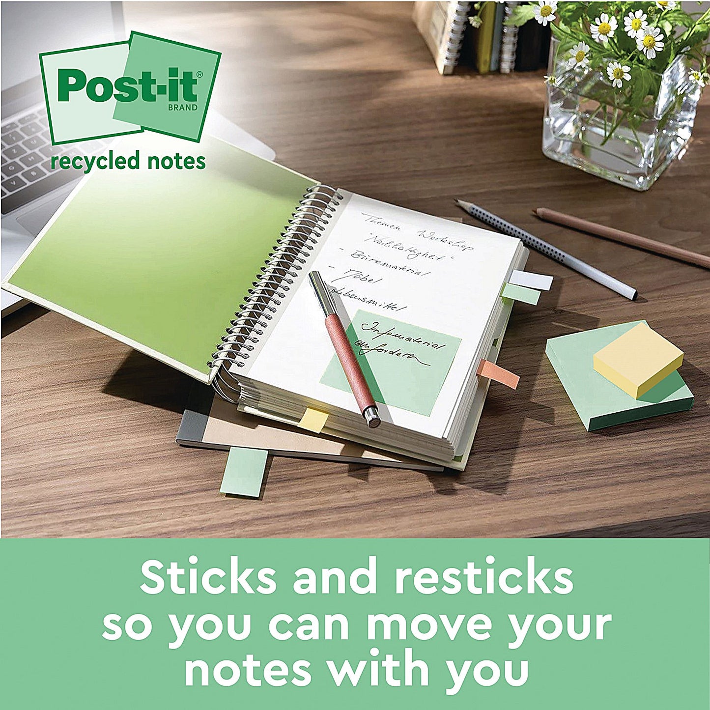 Post-it Recycled Notes, 76 x 76mm, Pastel, Pack of 16 x 100 Notes