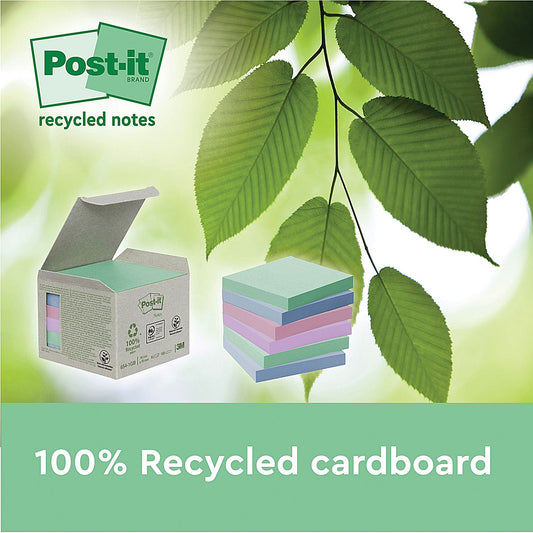 Post-it Recycled Notes, 76 x 127mm, Pastel, Pack of 16 x 100 Notes