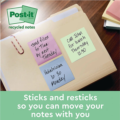 Post-it Recycled Notes, 76 x 127mm, Pastel, Pack of 16 x 100 Notes