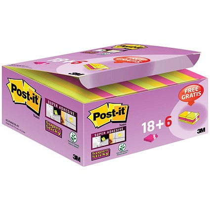Post-it Super Sticky Notes Value Pack, 47.6 x 47.6mm, Neon Colours, Pack of 24 x 90 Notes
