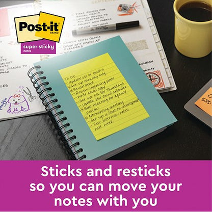 Post-it Super Sticky Ruled Notes, 101 x 101mm, Yellow, Pack of 6 x 90 Notes