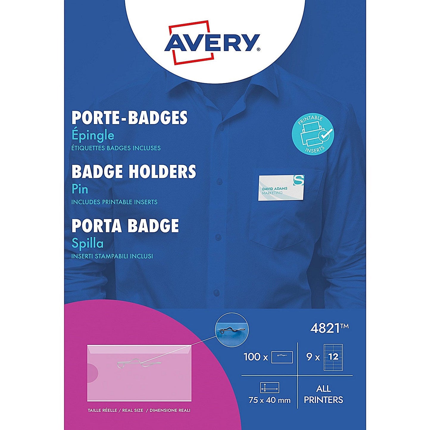Avery Pin Badge Holders 40mm x 75mm 108 Inserts 100 Holders - 4821 Easy2Order : 4821