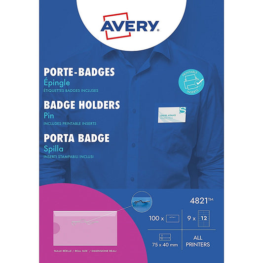 Avery Pin Badge Holders 40mm x 75mm 108 Inserts 100 Holders - 4821 Easy2Order : 4821