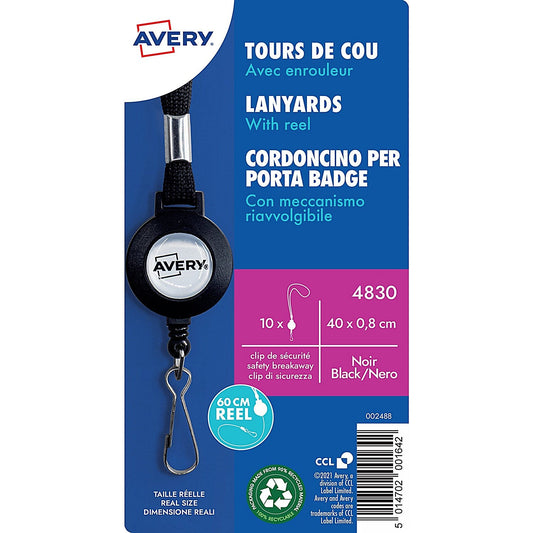 Avery Lanyard Black 40 x 1cm with 60cm Reel (Pack 10) - 4830 Easy2Order : 4830