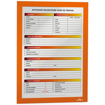 Durable Duraframe Self Adhesive Signage Frame, A4, Orange, Pack of 2