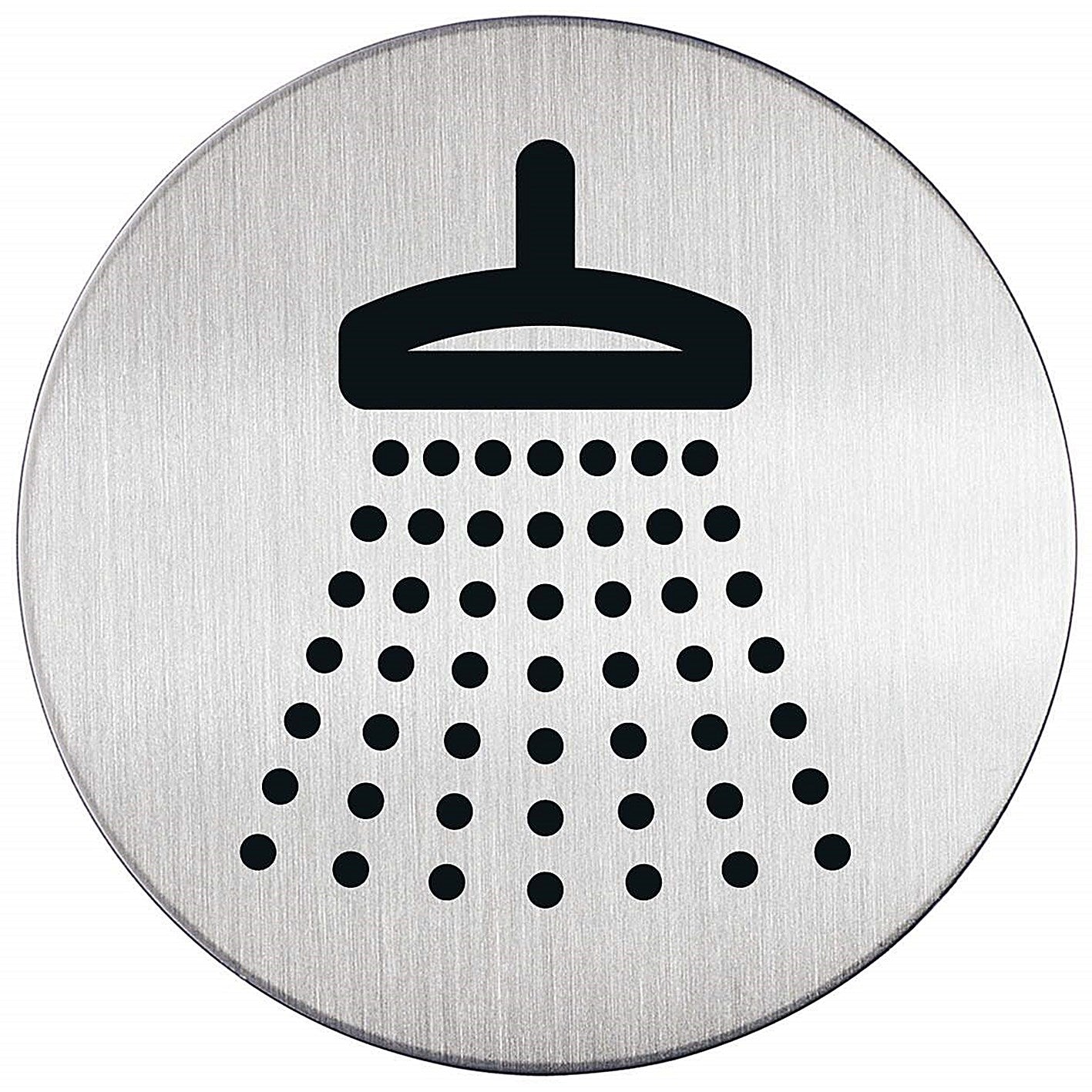 Durable Brushed Stainless Steel Adhesive Shower Sign Safety Symbol, 83mm Diameter, Black on Silver