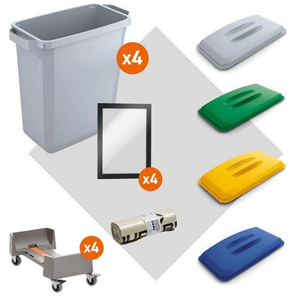 Durable Durabin Simpler Recycling Bin Bundle - Includes 4x Grey Bins, 4x Coloured Lids, 4x A5 Duraframe, 4x Trolleys & 1x Roll of Free Liners