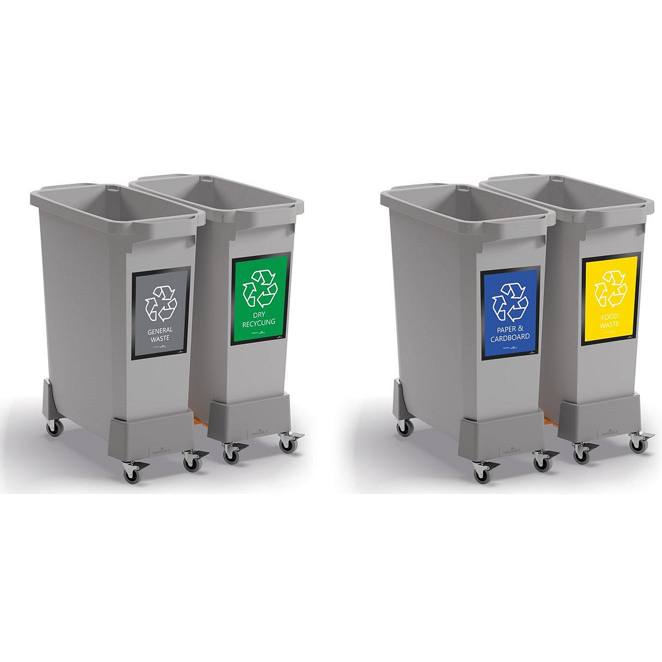 Durable Durabin Simpler Recycling Bin Bundle - Includes 4x Grey Bins, 4x Coloured Lids, 4x A5 Duraframe, 4x Trolleys & 1x Roll of Free Liners