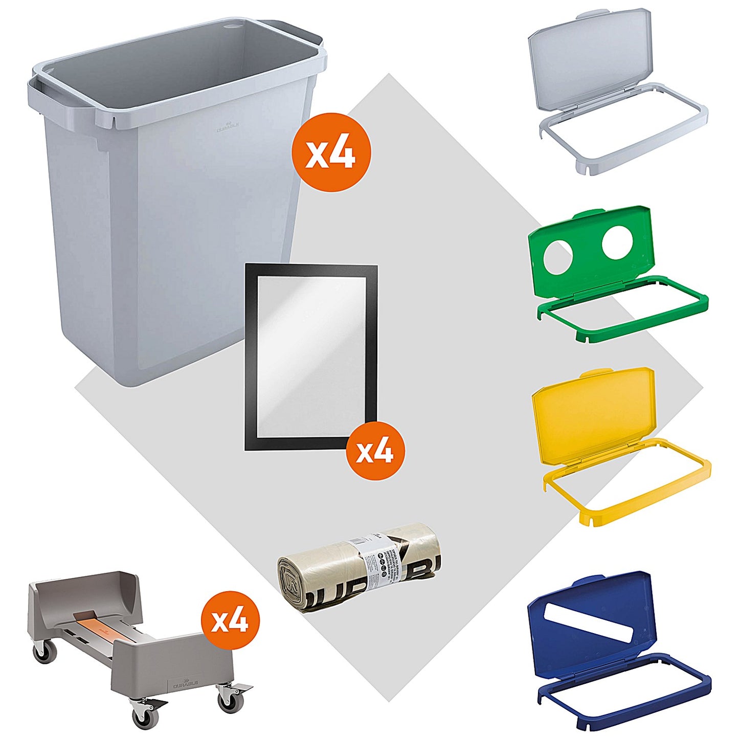 Durable Durabin Simpler Recycling Bin Bundle - Includes 4x Grey Bins, 4x Coloured Hinged Lids, 4x A5 Duraframe, 4x Trolleys & 1x Roll of Free Liners