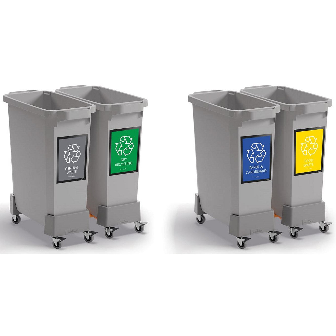 Durable Durabin Simpler Recycling Bin Bundle - Includes 4x Grey Bins, 4x Coloured Hinged Lids, 4x A5 Duraframe, 4x Trolleys & 1x Roll of Free Liners