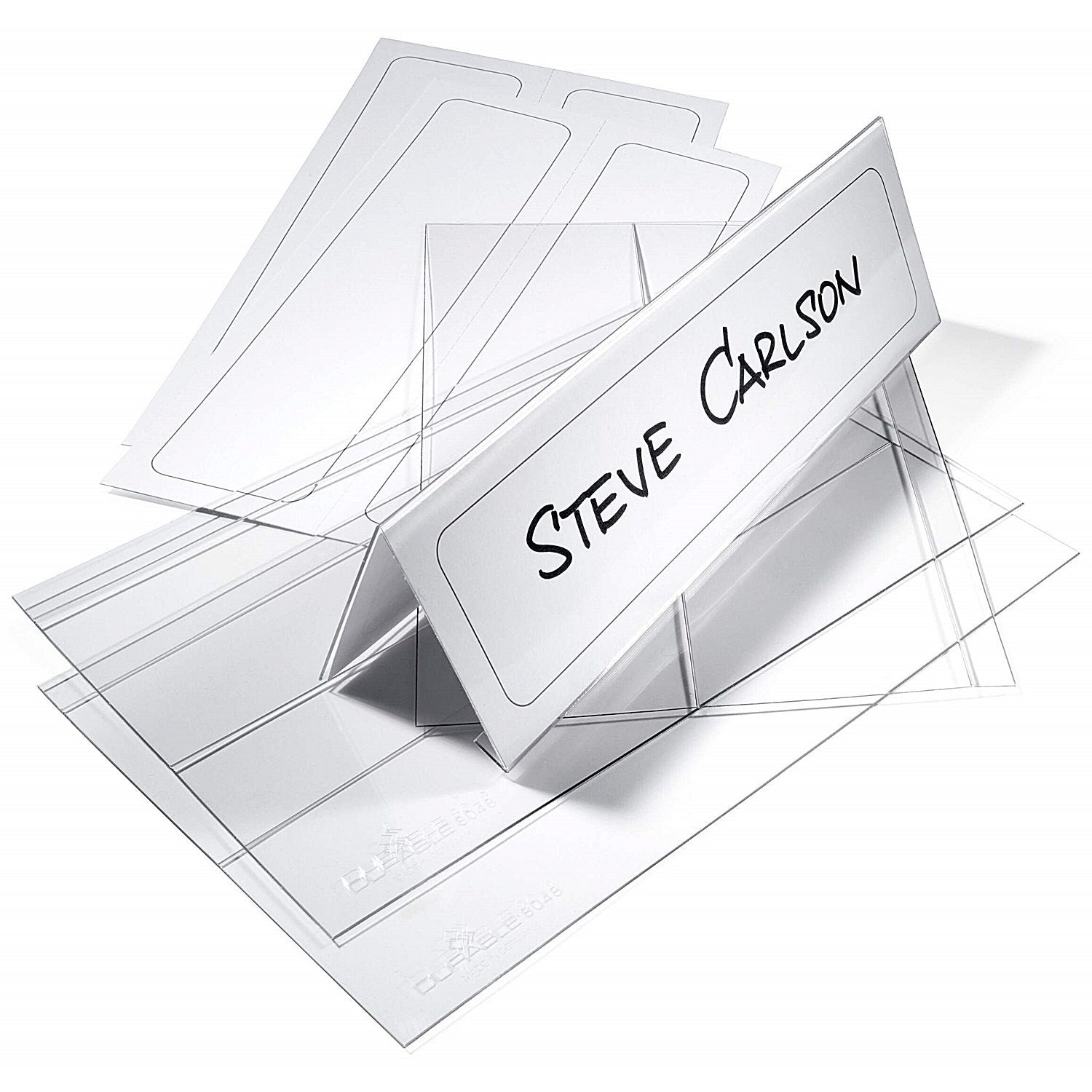 Durable Clear PET Plastic Table Place Name Holders and Inserts, 61/122x210mm, Pack of 10