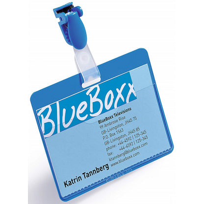 Durable Clip Name Tag ID Badge Card Holders + Inserts, 54x90mm, Blue, Pack of 25