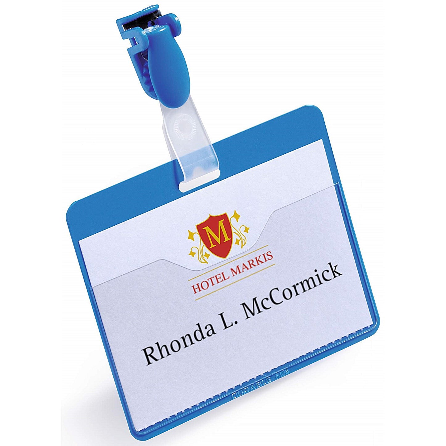 Durable Clip Name Tag ID Badge Card Holders + Inserts, 54x90mm, Blue, Pack of 25