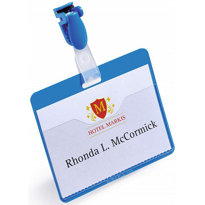 Durable Clip Name Tag ID Badge Card Holders + Inserts, 54x90mm, Blue, Pack of 25