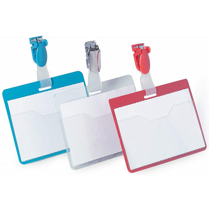 Durable Clip Name Tag ID Badge Card Holders + Inserts, 54x90mm, Blue, Pack of 25
