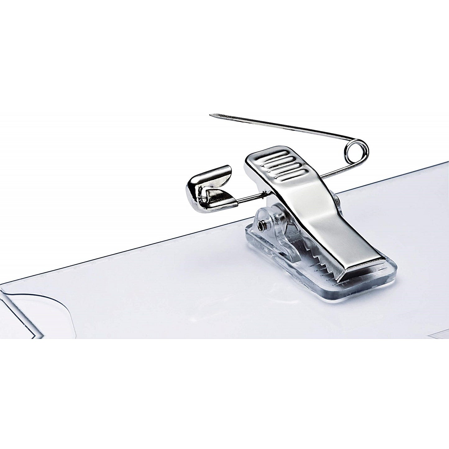 Durable Acrylic Clip & Pin Name Tag Badge Holders and Inserts, 40x76mm, Clear, Pack of 25