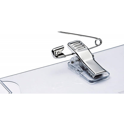 Durable Acrylic Clip & Pin Name Tag Badge Holders and Inserts, 40x76mm, Clear, Pack of 25