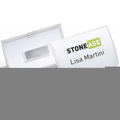 Durable Click Fold Magnet Name Tag Badge Holders + Inserts, 40x75mm, Pack of 10