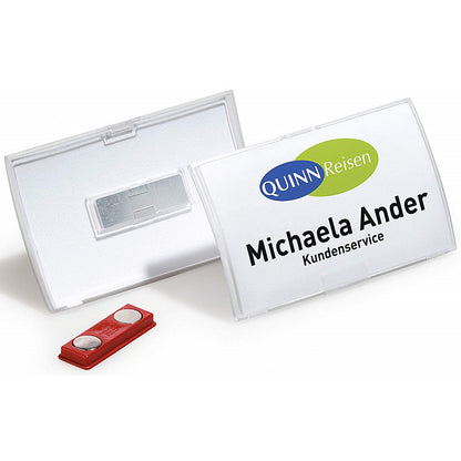 Durable Click Fold Magnet Name Tag Badge Holders + Inserts, 40x75mm, Pack of 10
