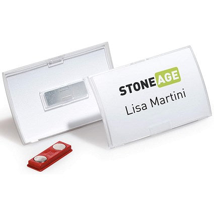 Durable Click Fold Magnet Name Tag Badge Holders + Inserts, 54x90mm, Pack of 10