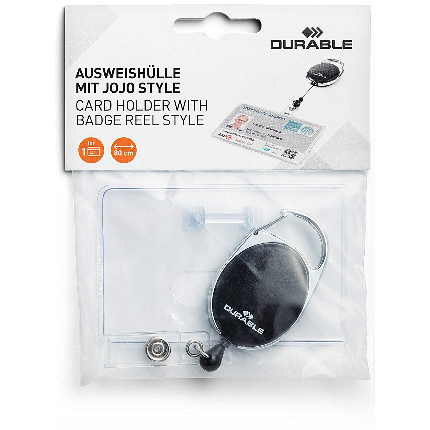 Durable Style Security Pass ID Card Holder with Carabiner Badge Reel, Black