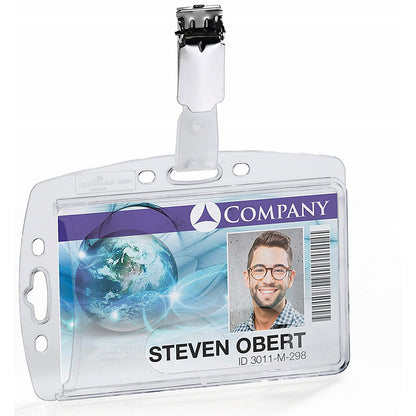 Durable Security Pass Plastic ID Badge Card Holder with Clip, Clear