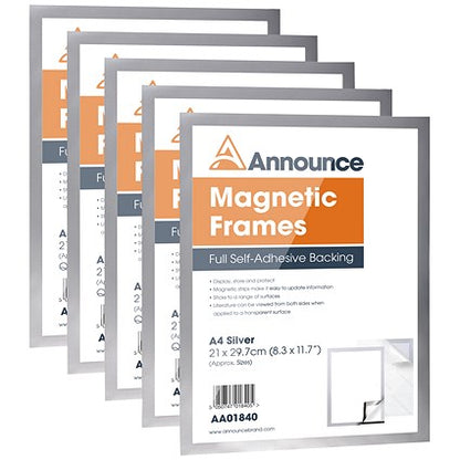 Announce Magnetic Frame, A4, Silver, Pack of 5