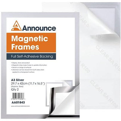 Announce Magnetic Frame, A3, Silver, Pack of 5